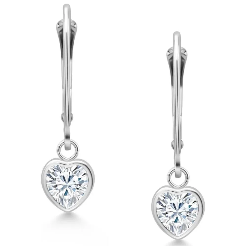 925 Sterling Silver 1.60 Cttw White Moissanite Heart Leverback Drop Earrings